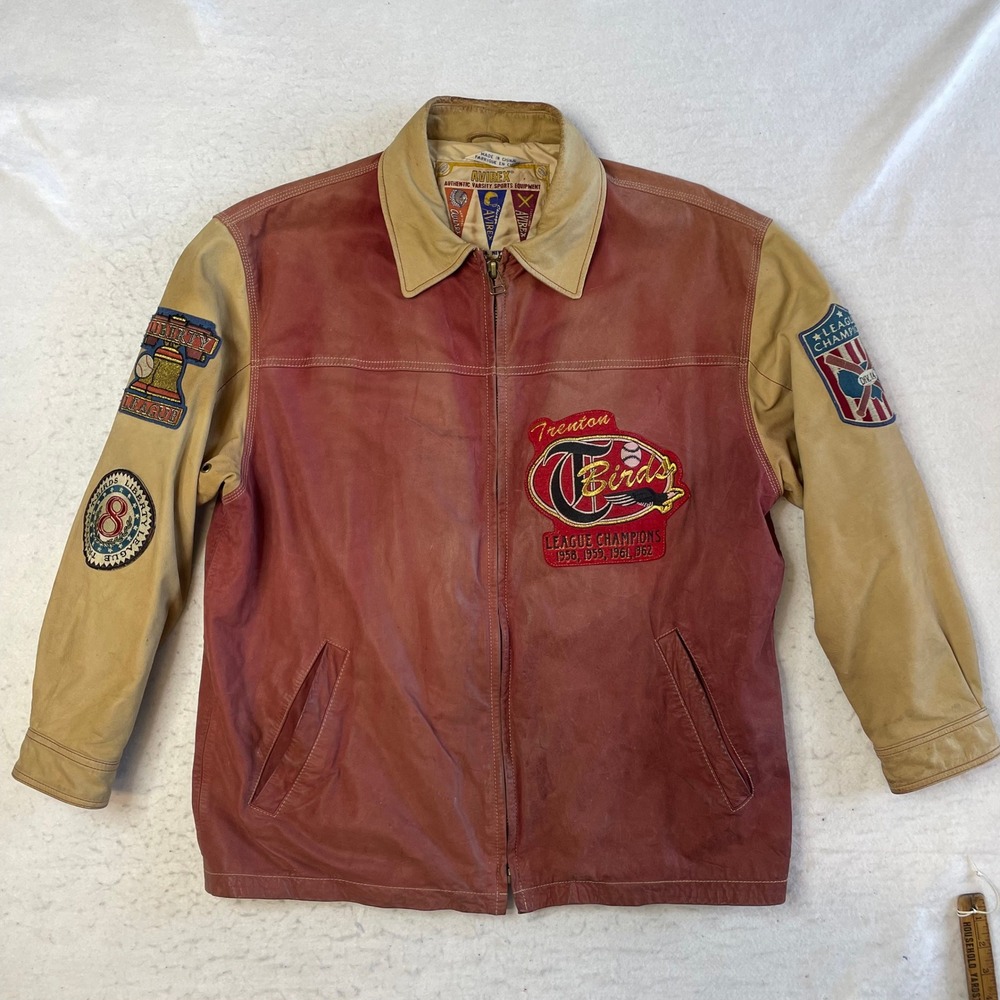 Avirex Varsity Jacket Mens XL Red Leather Trenton T-Birds Baseball Patches